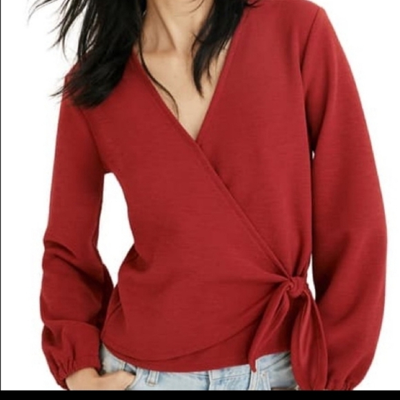 Madewell Tops - Texture & Thread Madewell Red Crepe V Neck Wrap Side Top Blouse Womens Size S